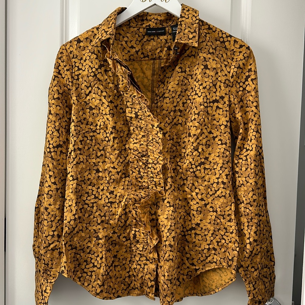 New York & Company Yellow Ruffle Front Button Down Shirt